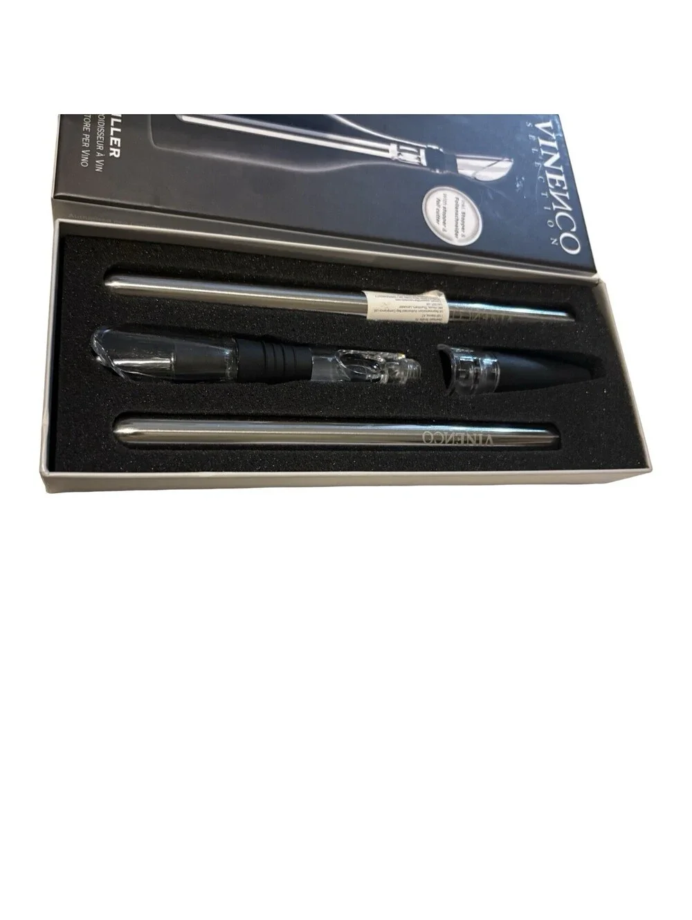 NEW~VINENCO SELECTION: Stainless Wine Chiller with Stopper & Foil Cutter/Swell
